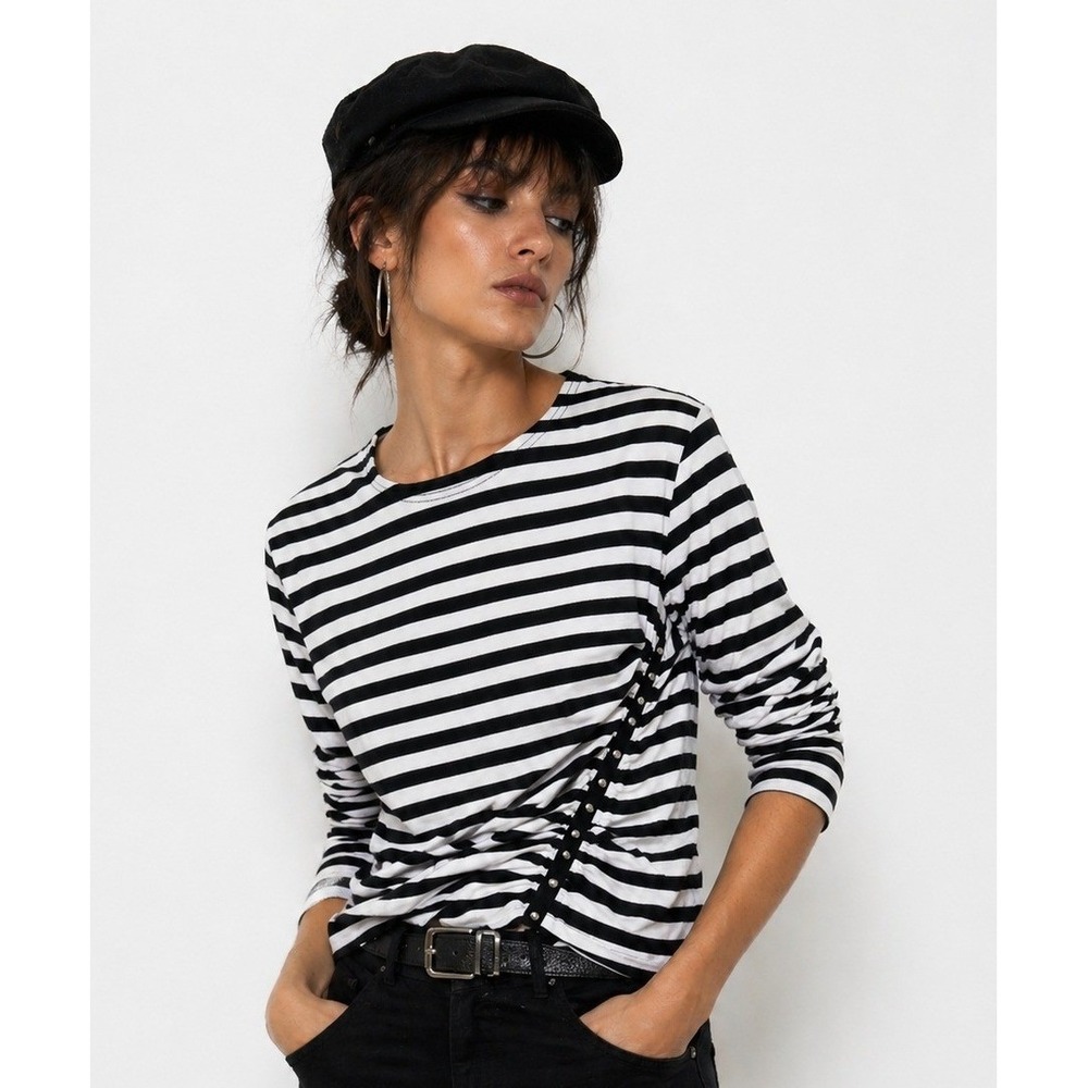 Black White Striped Ruched Studded Top L French Girl Aesthetic Moto Soft Cotton